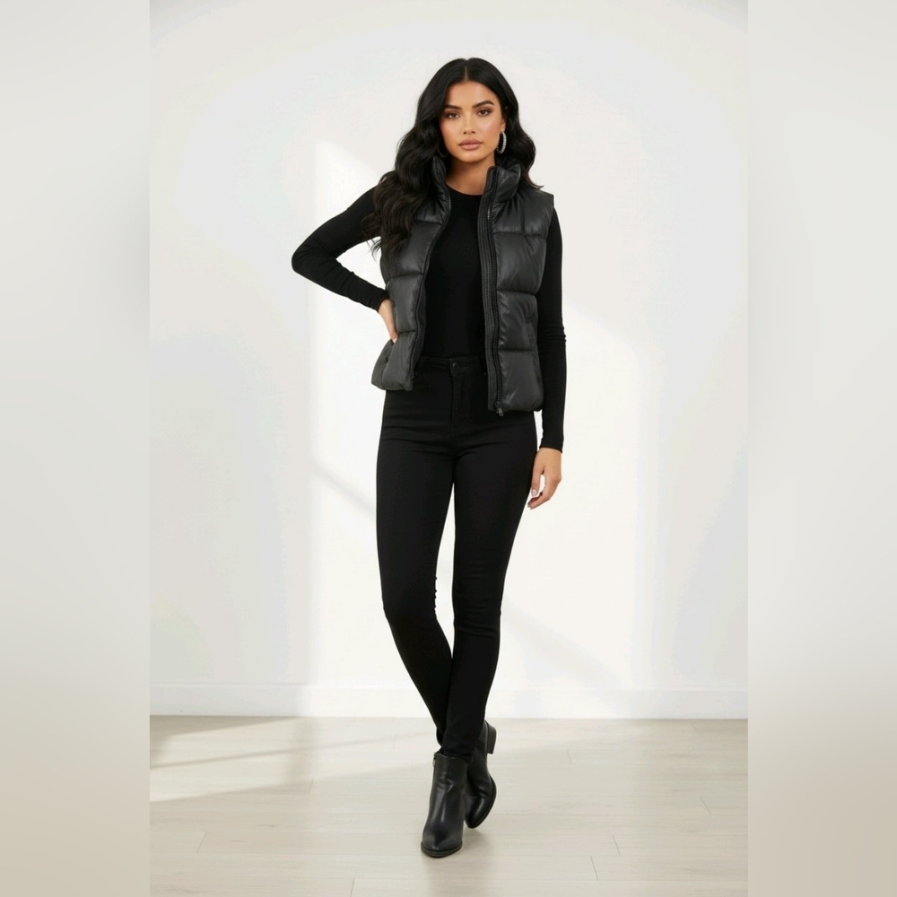 Double Zero Girls Junior L Black Faux Leather Cropped Puffer Vest Standup Collar - Picture 3 of 13